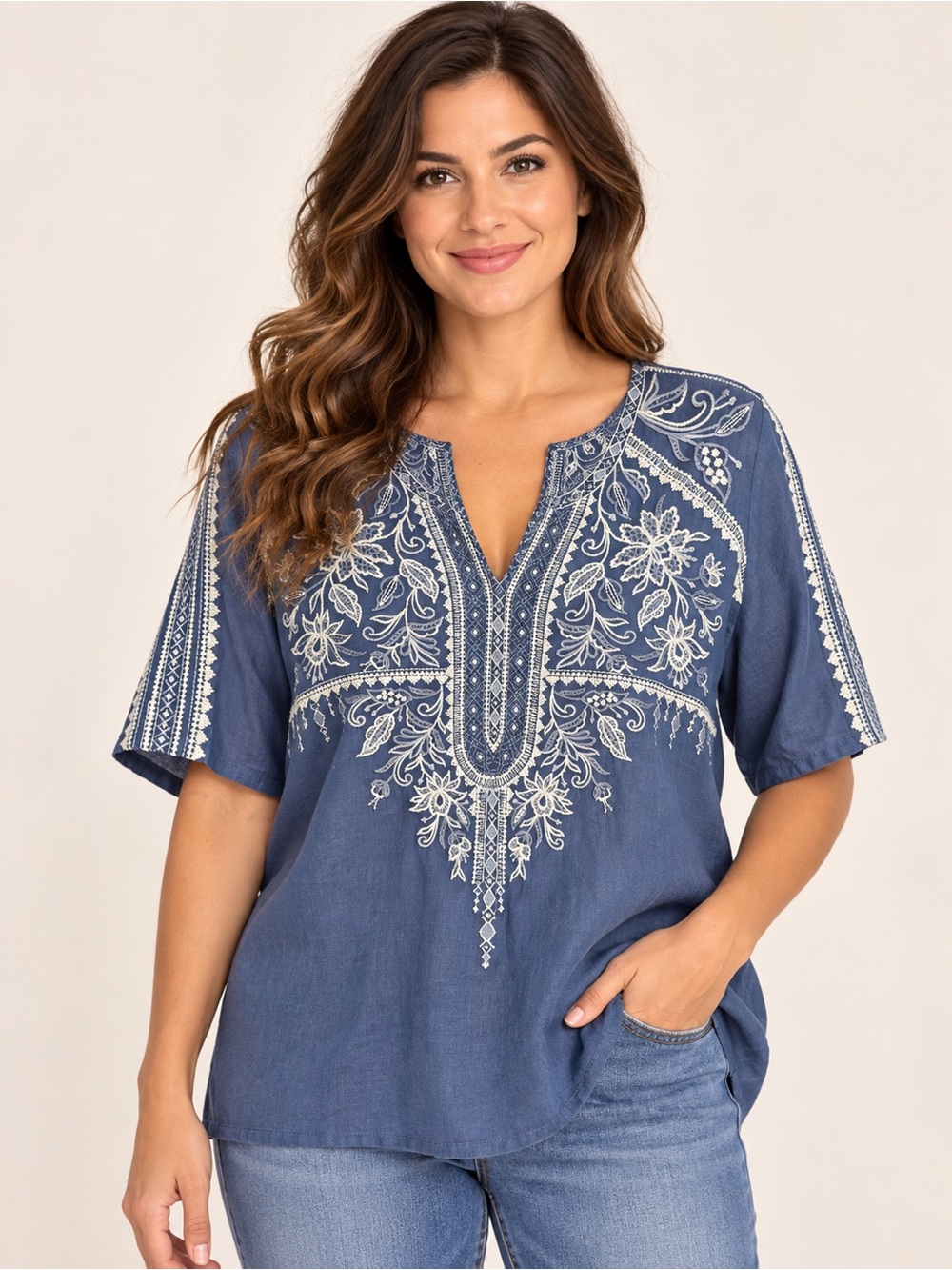 Johnny Was JWLA Blue Embroidered 100% Linen Boho Tunic Top Blouse Women’s M